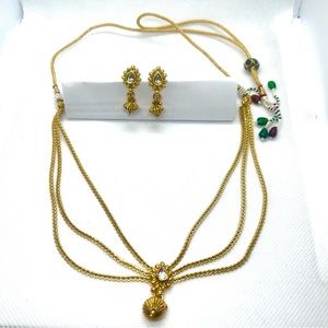 From India - Necklace and Earring Set in Gold Tone with Green and Red Accents